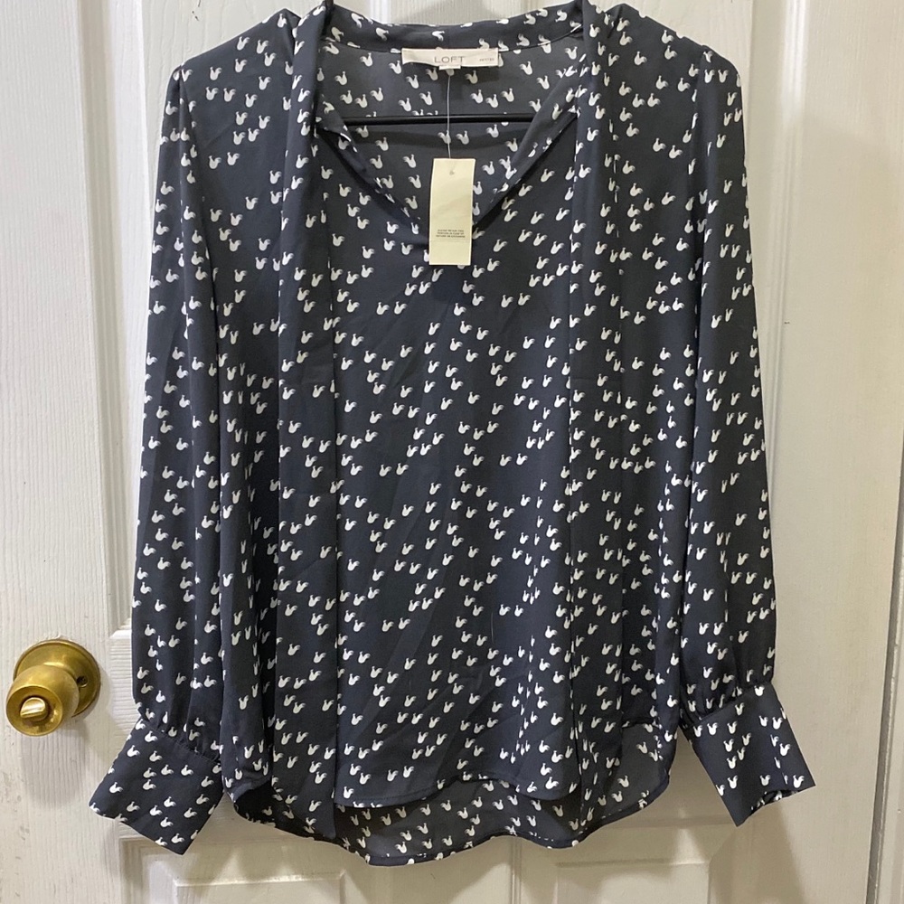 LOFT Gray Rooster Bow Tie Blouse